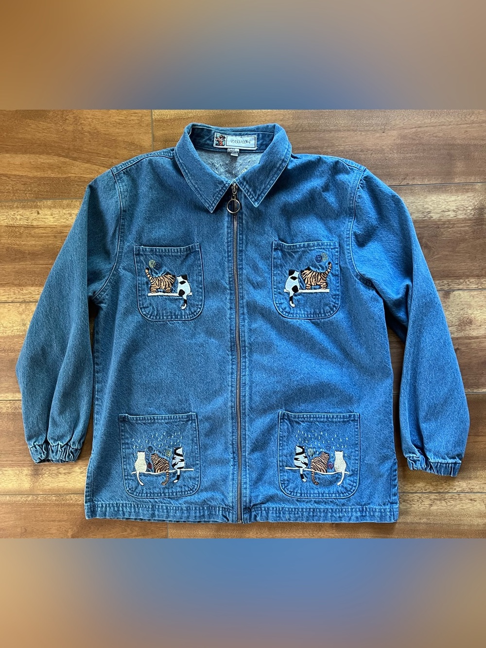 Vintage Passion-I  Embroidered Blue Denim Jacket with Cat Motif